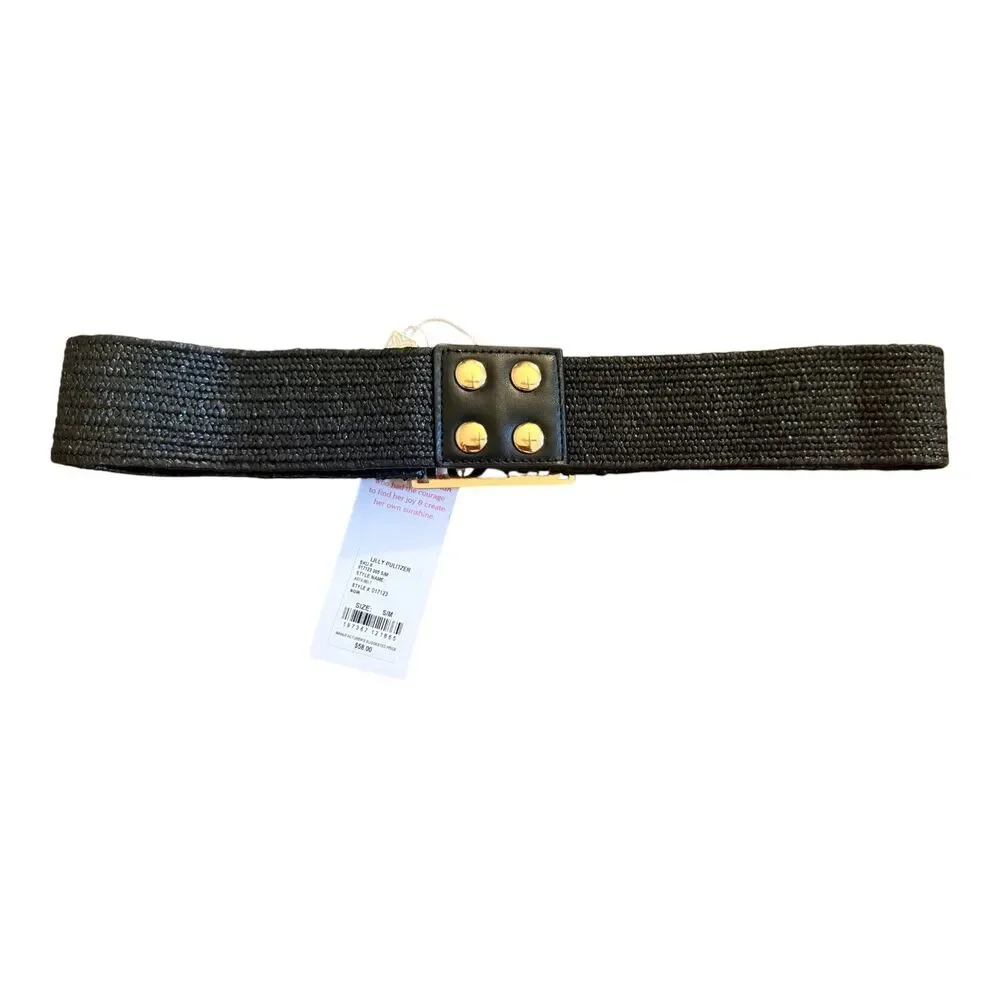 NWT Lilly Pulitzer Arta Stretch Raffia Belt Black Gold Logo Buckle S/M